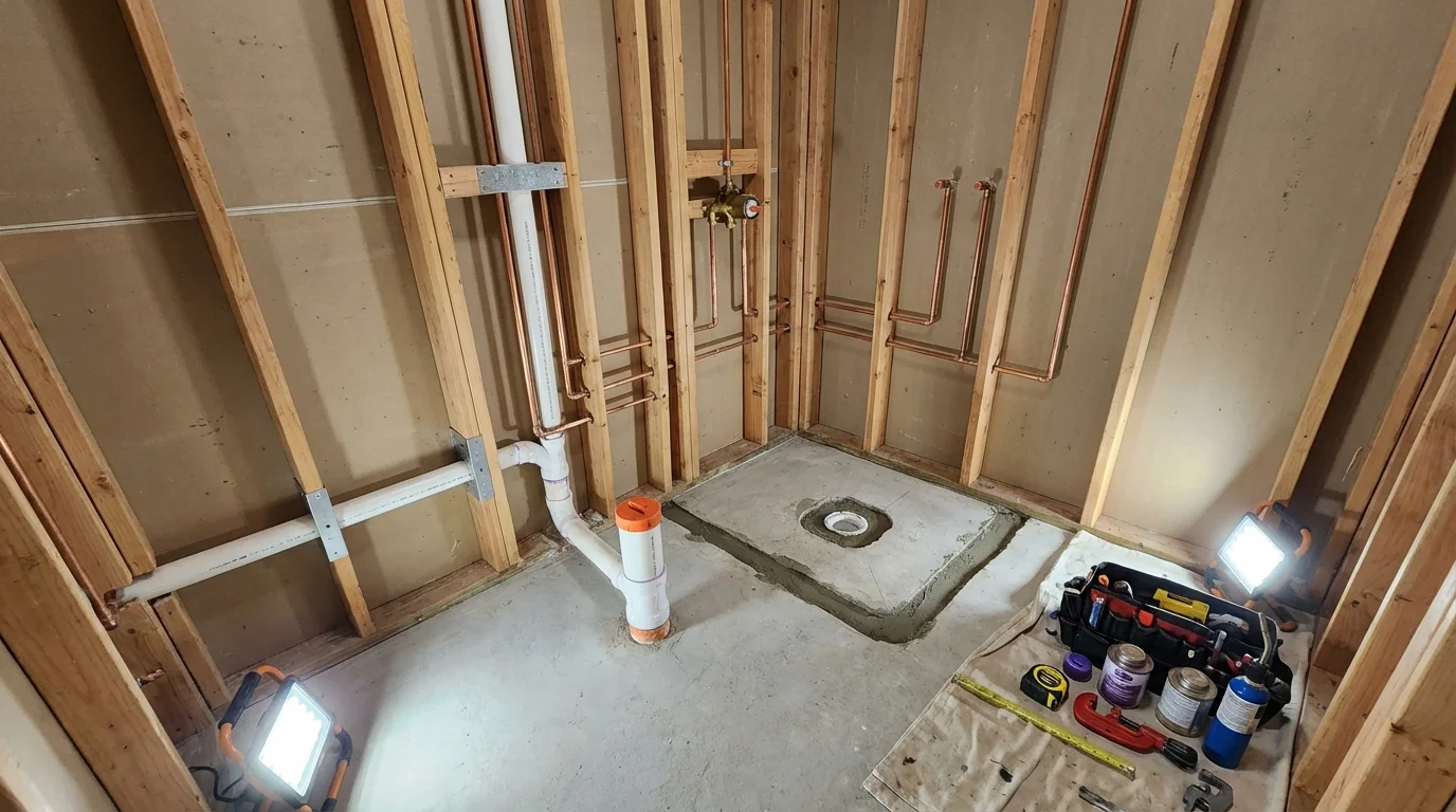 Bathroom rough-in plumbing during remodel by Johns Plumbing LLC in New Fairfield