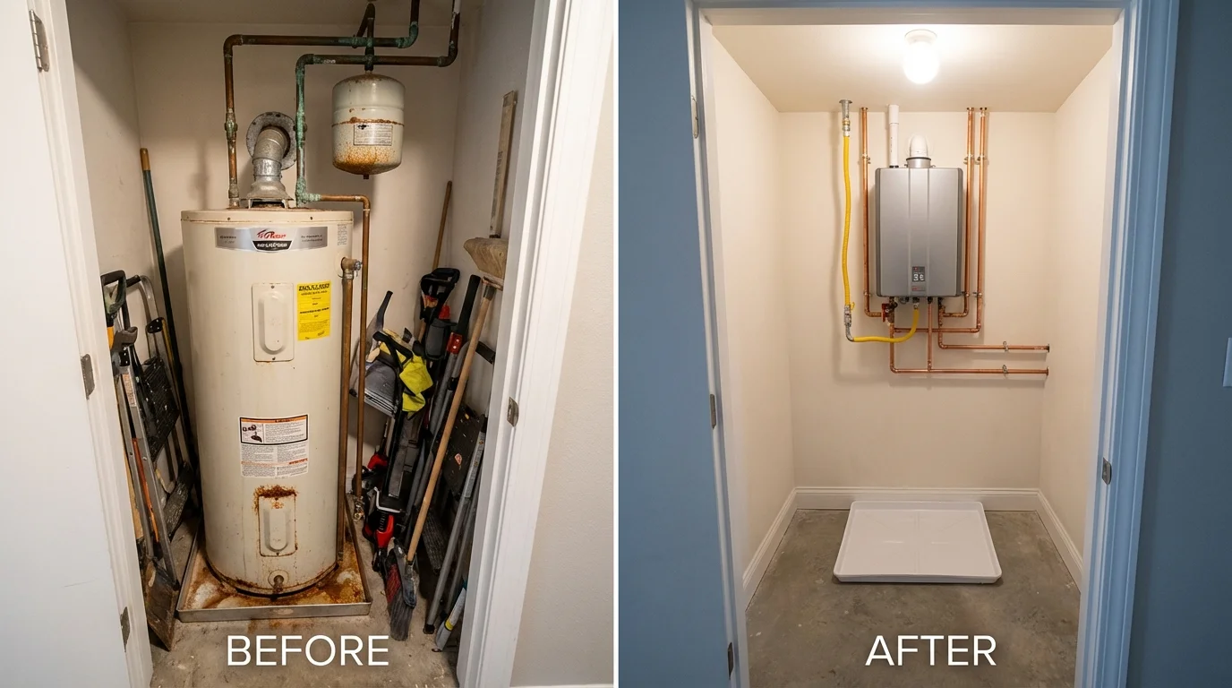 Tank water heater versus wall-mounted tankless unit comparison for New Fairfield, CT homeowners
