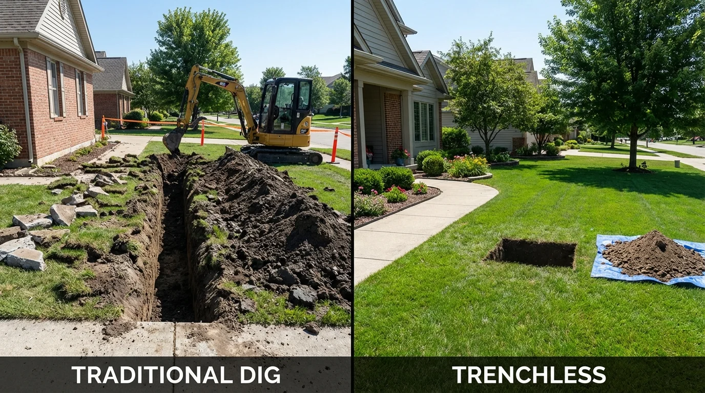 Trenchless sewer repair with minimal yard damage versus traditional excavation in New Fairfield, CT