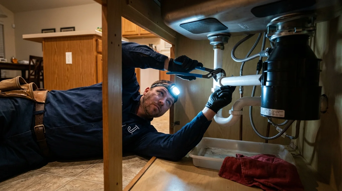 P-trap and supply line connections under a kitchen sink showing a common leak point in New Fairfield, CT